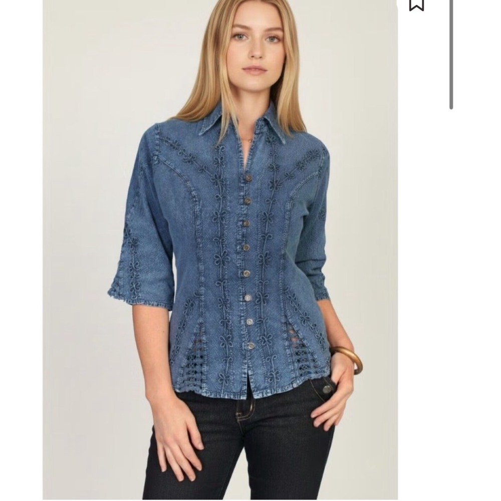 Scully Cantina Blouse PSL-064 Womens Blue Embroidered Western Top Indigo Medium